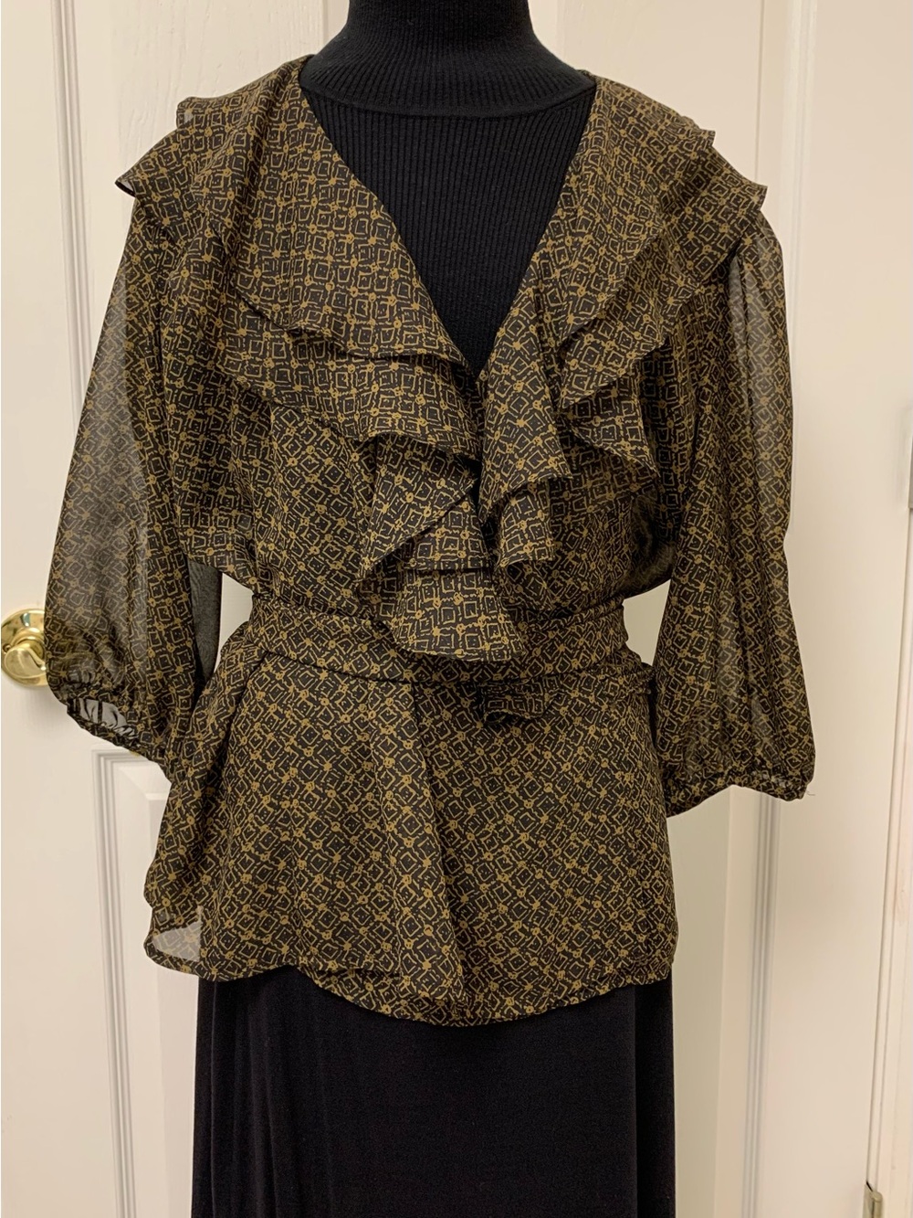 Ralph Lauren Black and Gold Ruffle Front Blouse